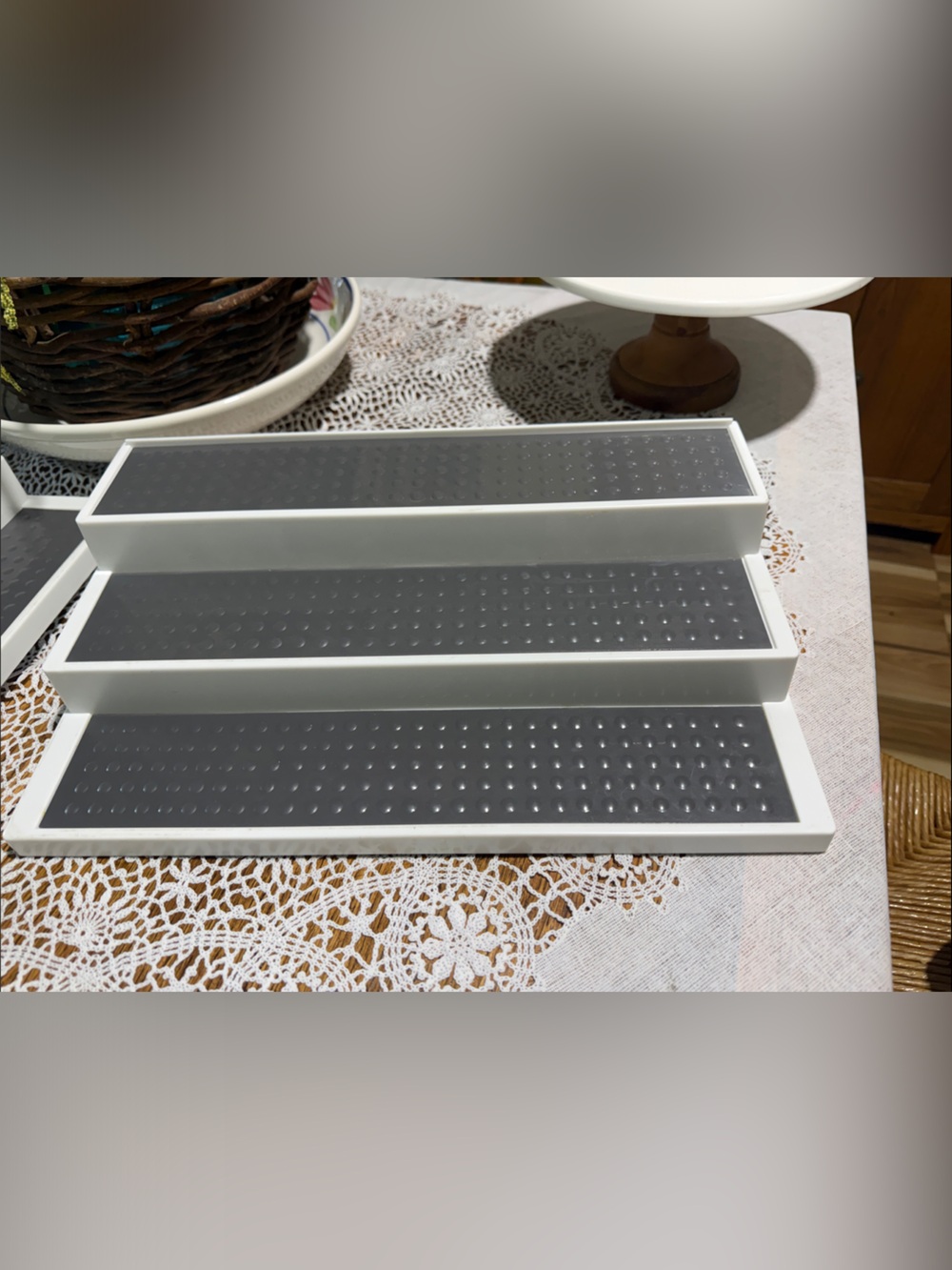 White Tiered Drawer Organizer Tray with Gray Non-Slip Inserts